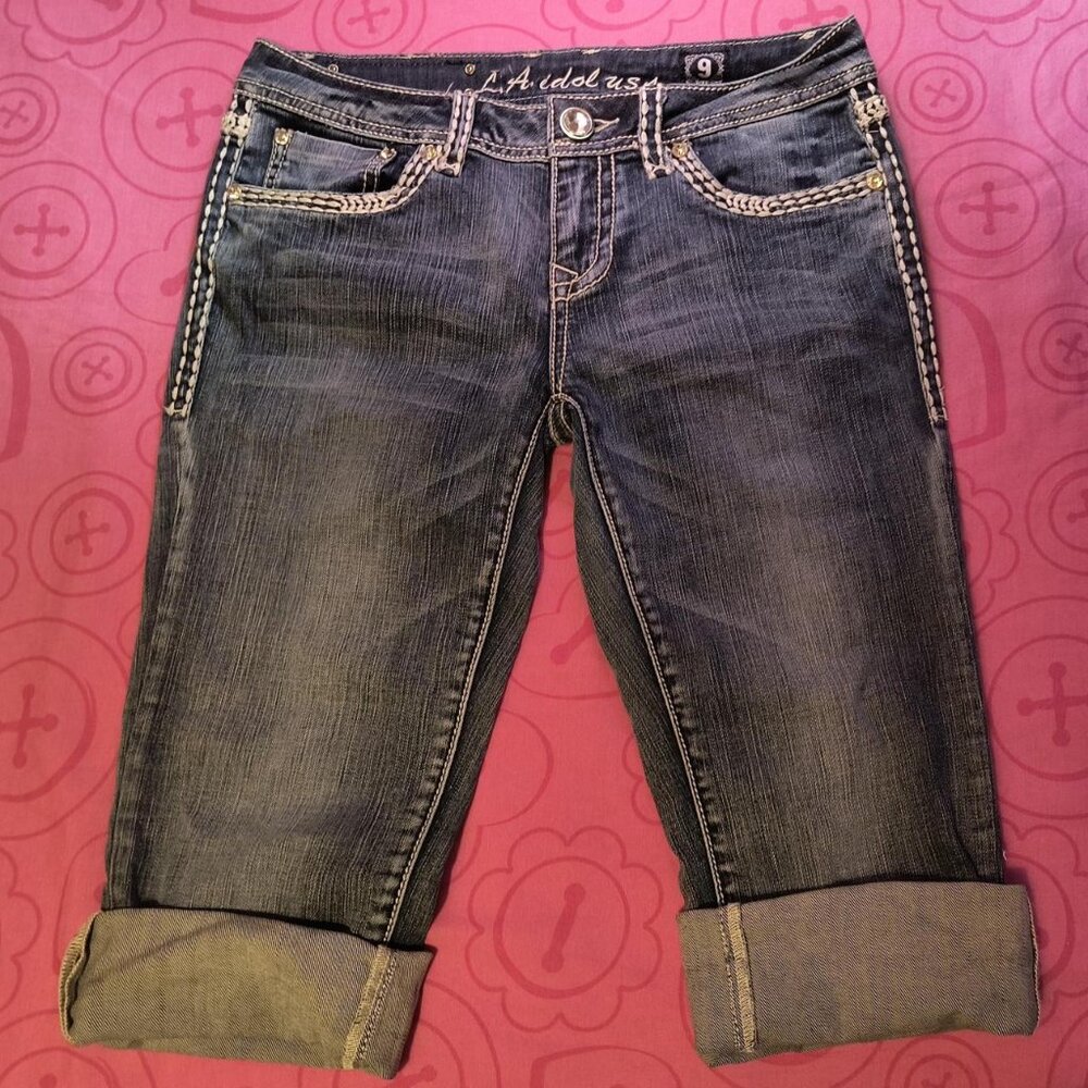 Embroidered Rhinestone Low-rise Studded L.A. Idol USA Denim Capris